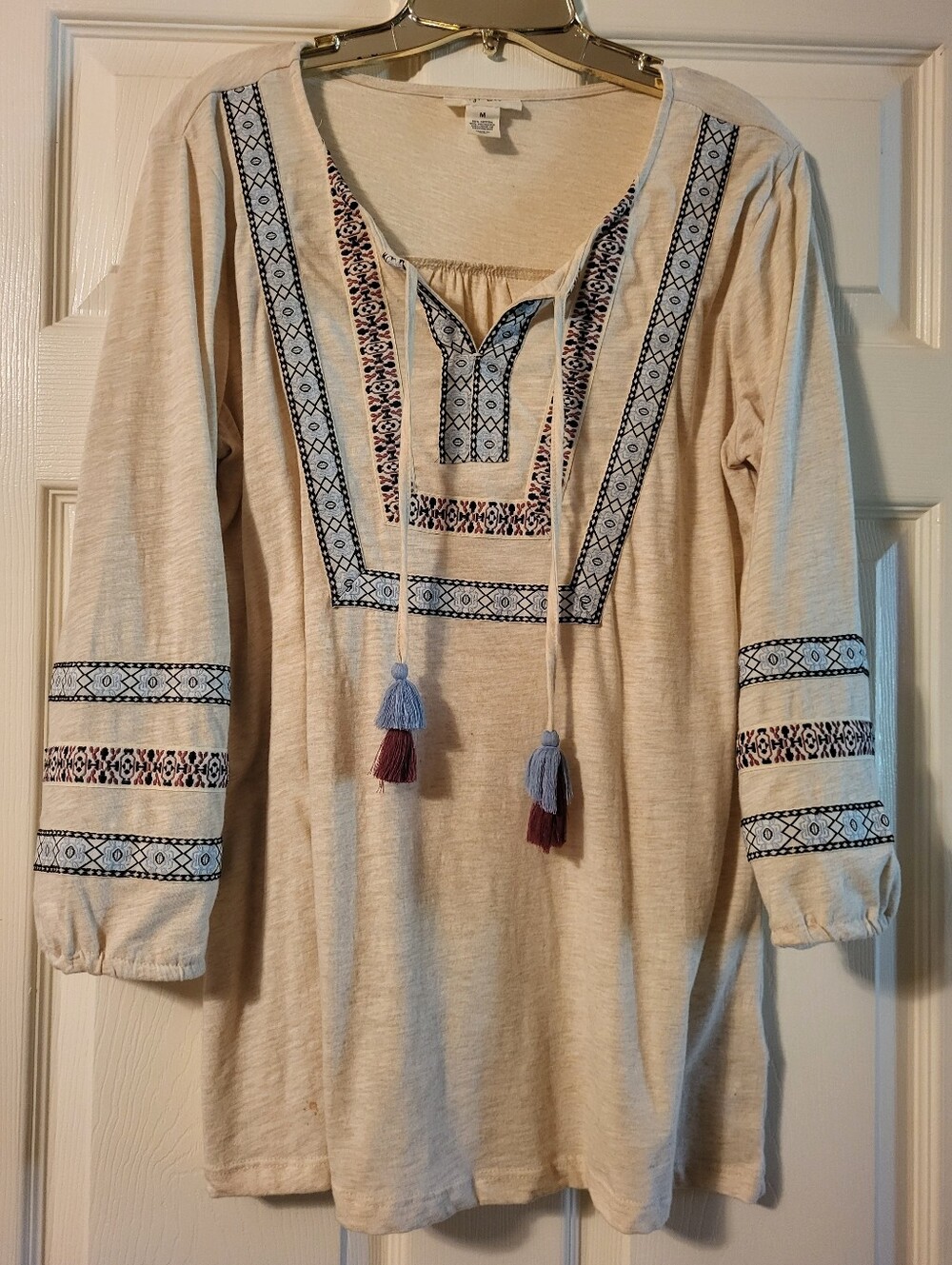 Style&Co Boho Embroidered Peasant Top - Cream with Blue & Burgundy Accents
